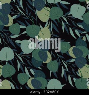 Seamless pattern with branches of a willow and eucalyptus on a dark background. Vector illustration Stock Vector