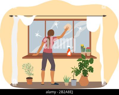 Spring House cleaning, woman washes a window in the flat. Vector cartoon illustration Stock Vector
