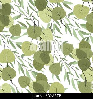 Seamless pattern with branches of a willow and eucalyptus on a white background. Vector illustration Stock Vector