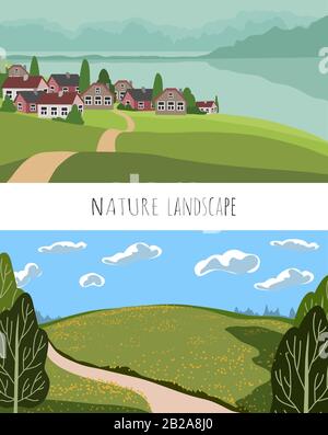 Set of Vector panoramic illustration of beautiful fields landscape, green hills, village surrounded by mountains and the sea. Background in cartoon Stock Vector