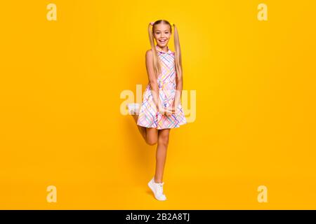 Full body photo of beautiful small lady tourist good mood pretty long tails playful walk street wear plaid summer dress white sneakers isolated yellow Stock Photo