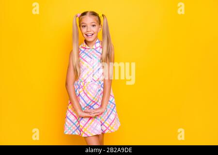 Photo of funny beautiful small lady good mood pretty long tails hairdo flirty girlish shy person wear checkered plaid summer sun dress isolated yellow Stock Photo