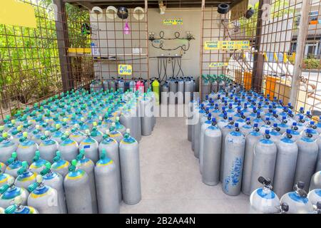 Many oxygen tanks standing in rows as storage  in shed Stock Photo