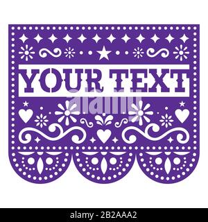 Papel Picado vector template design with sample text, purple Mexican paper cut out decoration with flowers and geometric shapes - greeting card or inv Stock Vector