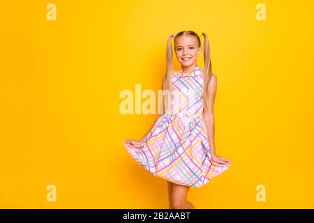 Photo of funny beautiful small lady holding hands sundress skirt good mood pretty long tails hairdo wear checkered plaid summer dress isolated yellow Stock Photo