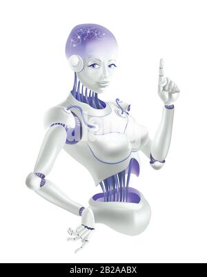 A robot woman holding an index finger up. Neurons are on the wires of the robot. Stock Vector