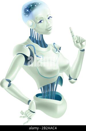 A robot woman holding an index finger up. Neurons are on the wires of the robot. Stock Vector