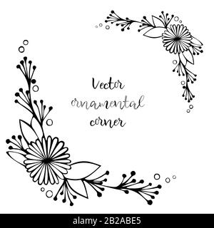 Decorative vector floral hand drawn corner ornament. Spring flowers frame. Black and white border Stock Vector