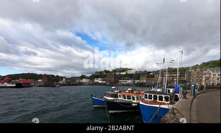 Fishing boats moored in harbour, Oban, Argyll and Bute, Scotland, UK Stock Photo