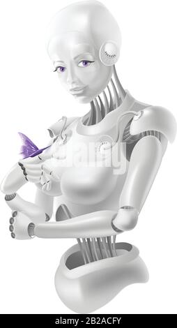 Beautiful robot woman holding a butterfly. There is a concept of nature and technology. Stock Vector