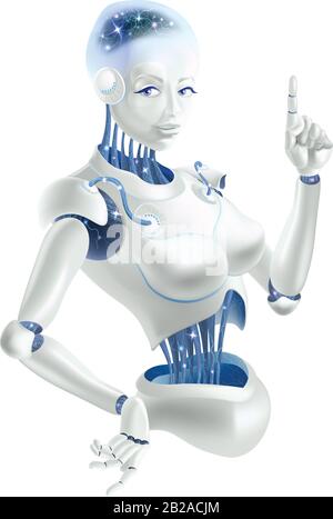 A robot woman holding an index finger up. Neurons are on the wires of the robot. Stock Vector