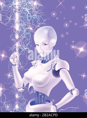 A robot woman holding an index finger up. Neurons are on the wires of the robot. The robot is on the background of neurons that sparkle. Stock Vector
