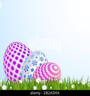 Easter greeting card template. Easter eggs on green grass with daisies. Stock Vector