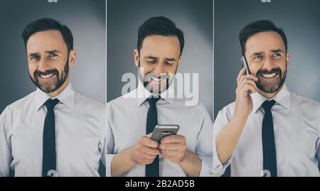 A smiling person uses a mobile phone. Photo collage. Joy and happy of new technologies. Stock Photo