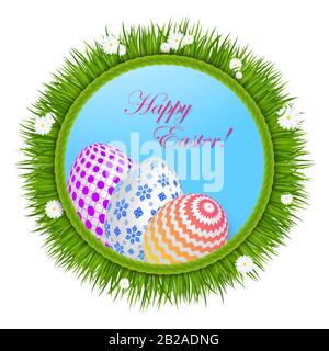 Easter greeting card template. Easter eggs on green grass with daisies. Stock Vector