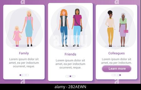 Interpersonal relationship onboarding mobile app screen template. Multicultural and multiracial friends, colleagues, family. Walkthrough website steps Stock Vector