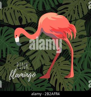 Pink flamingo on background with tropical leaves. Cartoon vector illustration Stock Vector