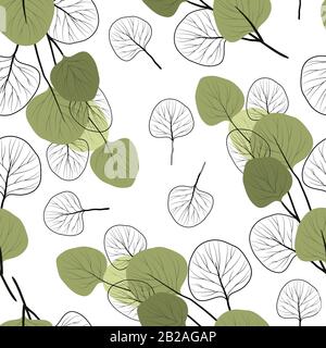 Seamless pattern with branches of eucalyptus on a flat style and black and white contours of leaves . Vector illustration Stock Vector