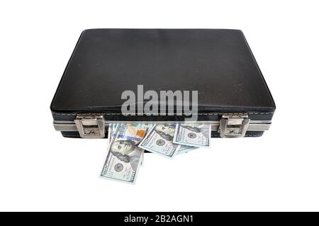 a black suitcase full of one hundred dollars. money crawls over the edges. Isolated on a white background. Stock Photo