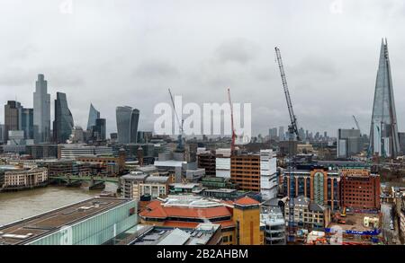 London Southwark under construction view with cranes and construction sites as redevelopment infrastructure over London, United Kingdom as February 2020 Stock Photo