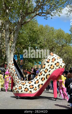 Carnival Floats including Giant High-heeled Shoe Car at the Spring Carnival on Cours Mirabeau Aix-en-Provence Provence France Stock Photo