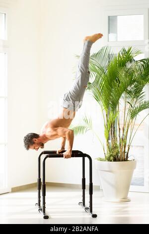 Muscular man doing handstand push up exercise on high on floor bars during calisthenics work out indoors, against white wall and green palm plant Stock Photo