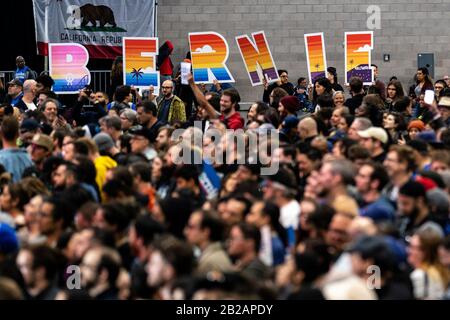 Supporters attend a campaign rally for Democratic presidential candidate Senator Bernie Sanders in Los Angeles, California on March 1, 2020. Sanders is campaigning ahead of the Super Tuesday Democratic presidential primaries. (Photo by Ronen Tivony/Sipa USA) *** Please Use Credit from Credit Field *** Stock Photo