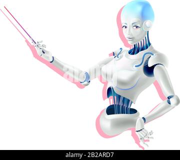 Illustration of a robot lecturer or cyborg teacher with a pointer. Humanoid female Android with artificial intelligence holding pointer in hand. Vecto Stock Vector