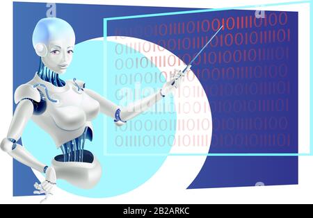 Robot lecturer or cyborg teacher standing in front of board with a pointer. Robot teacher holding pointer in hand. Humanoid female Android with artifi Stock Vector