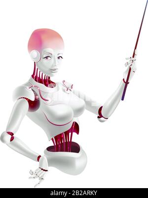 Illustration of a robot lecturer or cyborg teacher with a pointer. Humanoid female Android with artificial intelligence holding pointer in hand. Vecto Stock Vector