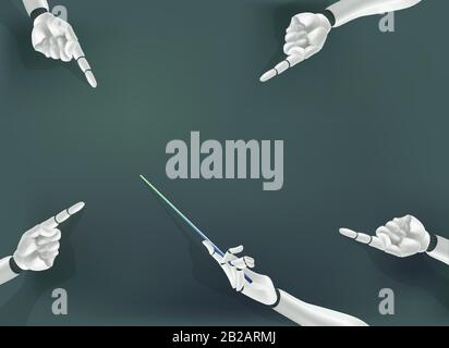 Robot meeting illustration. Robot hand shows a pointer in the board. Cyborg teacher holding pointer in hand. Stock Vector