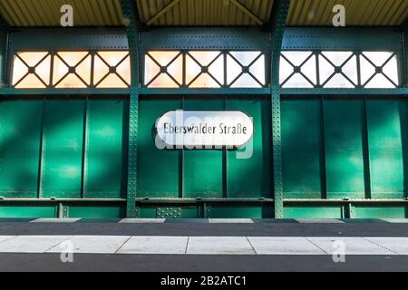 Berlin, Germany - September 19, 2017: Metro train station sign of Eberswalder Strasse in Berlin U-Bahn. Station located on the Berlin U2 line Stock Photo