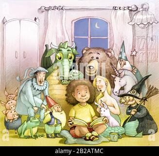 pretty little girl reading a magic fairy tale book fantasy concept Stock Photo