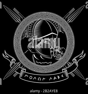 Ancient Spartan helmet, greek ornament meander, spears and slogan Molon labe - come and take Stock Vector