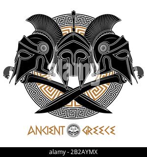 Ancient Hellenic helmet, two crossed ancient Greek swords and greek ornament meander Stock Vector
