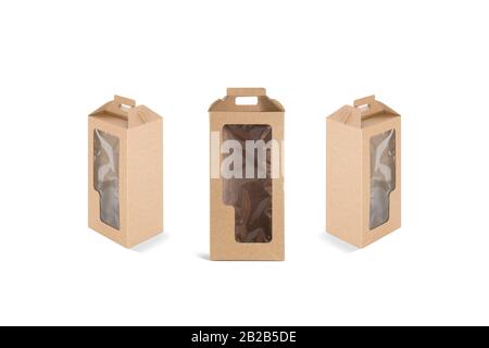 Blank craft wine box with plastic window mockup, different sides Stock Photo