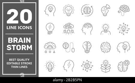 Set of brainstorm icons such as artificial light, brain, lightbulb, creative, creativity, knowledge, brainstorming, brainstorm. Editable Stroke. EPS Stock Vector