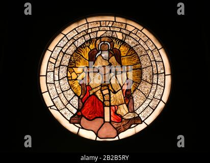 Cracow. Krakow. Poland. Medieval stained glass window. Throne of Grace. Ca. 1430. Cracow dominicans cloister. Stock Photo