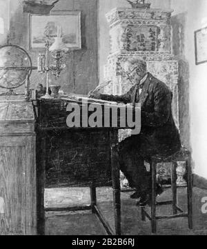 An office worker sitting at a high desk in an office furnished in the style of the period. Stock Photo