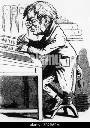 A caricature of an office worker in a 'kontor' (foreign trading post) from the time around 1850, which shows the usual office interior of the time with a high desk and high chair. Stock Photo