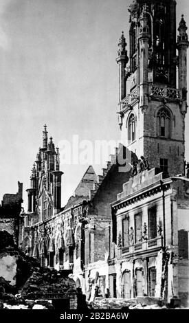 Invasion of Holland 1940: Picture shows the destroyed city hall of Middelburg. Stock Photo
