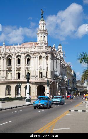 Grand Theater of Havana with Old Classic Cars, Old Town, UNESCO World Heritage Site, Havana, Cuba