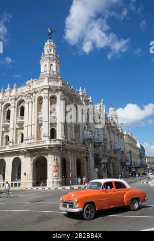 Grand Theater of Havana with Old Classic Car, Old Town, UNESCO World Heritage Site, Havana, Cuba