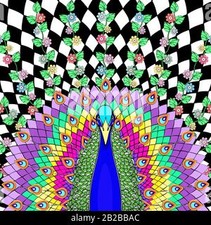 Colorful peacock with flowing rainbow tail on geometric black white background and multi-colored flowers with plants and leaves, bright bird, stylized Stock Vector