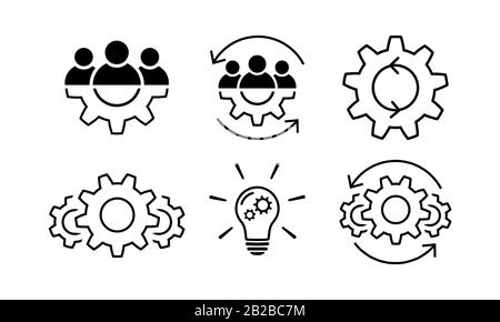 Teamwork and process line icon set in flat. Stock Vector