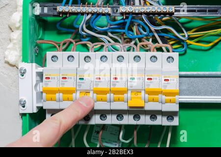 Automatic overload protection devices in the power supply network. Circuit breakers or fuses are an electrical safety device Stock Photo