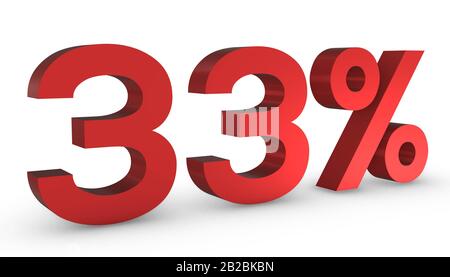 3D Shiny Red Number Thirty Three Percent 33% Isolated on White Background. Stock Photo