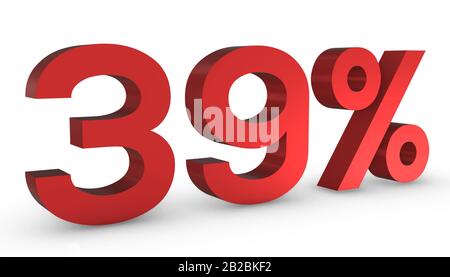 3D Shiny Red Number Thirty Nine Percent 39% Isolated on White Background. Stock Photo