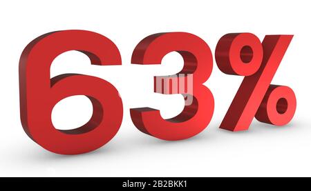 3D Shiny Red Number Sixty Three Percent 63% Isolated on White Background. Stock Photo