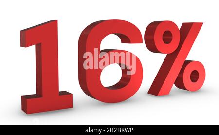 3D Shiny Red Number Sixteen Percent 16% Isolated on White Background. Stock Photo